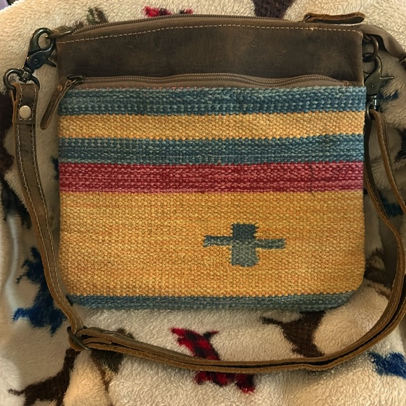 Myra Crossbody Bag Leather & 100% Cotton Woven Colorful Front Yellow,Blue,Red - Picture 4 of 14